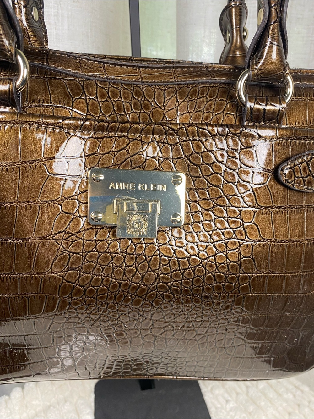 Anne Klein Metallic Bronze Faux Croc Satchel Bag